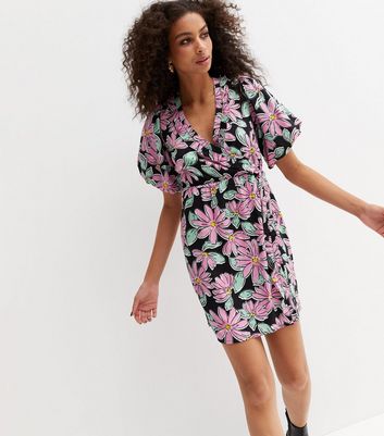 Black Floral Frill Tie Back Mini Wrap Dress