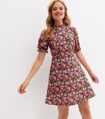 Multicoloured Ditsy Floral Tie Back Mini Tea Dress