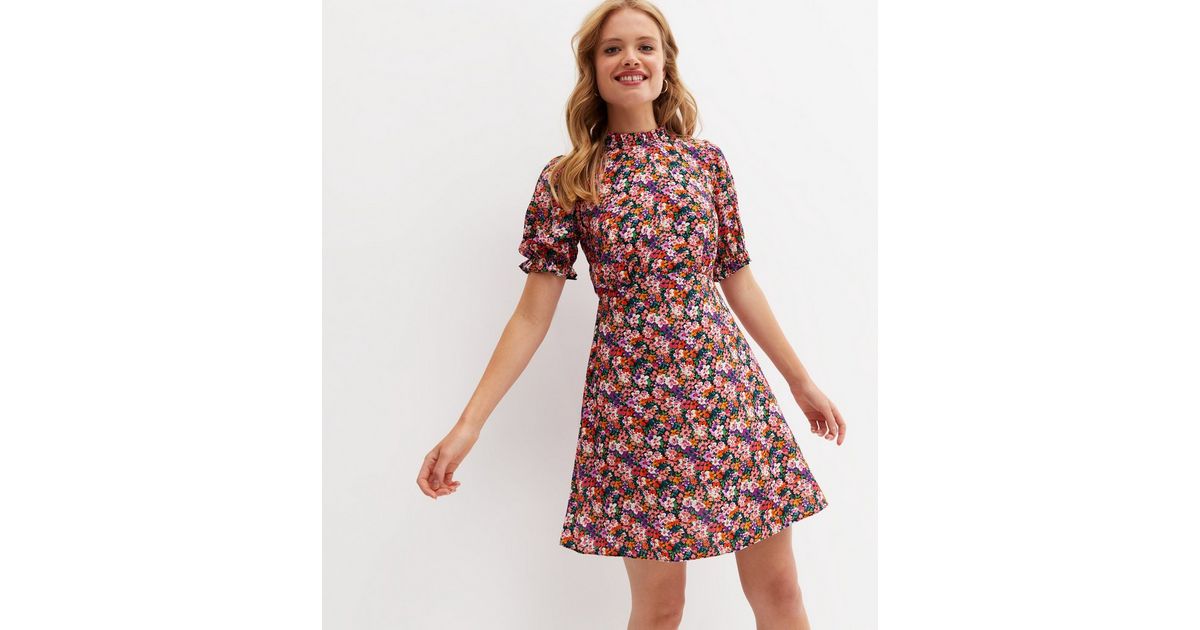 Multicoloured Ditsy Floral Tie Back Mini Tea Dress | New Look