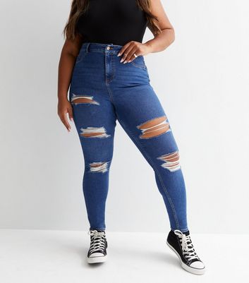 Curves Blue Ripped Mid Rise Amie Skinny Jeans New Look