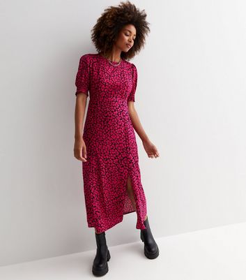 Pink Floral Short Puff Sleeve Split Hem Midi Dress