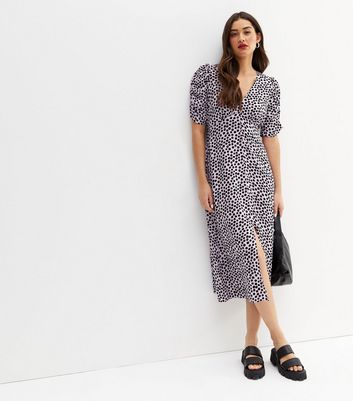 Purple Spot Ruched Sleeve Midi Dress