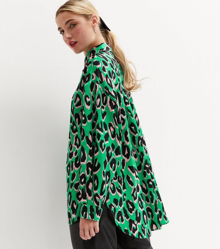 Green Leopard Print Satin Long Sleeve Oversized Shirt | New Look