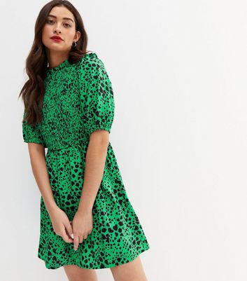 Green Leopard Print Crepe Shirred High Neck Mini Dress