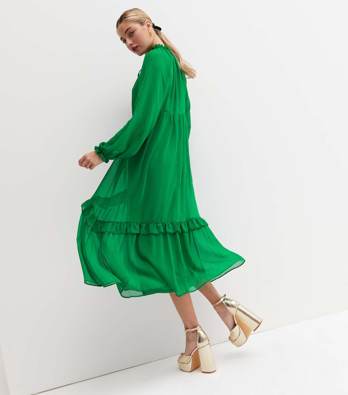Green Chiffon Tiered Frill Midi Smock Dress Image 4