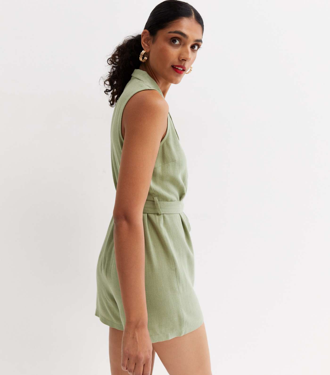 Khaki Linen-Look Belted Playsuit Image 4