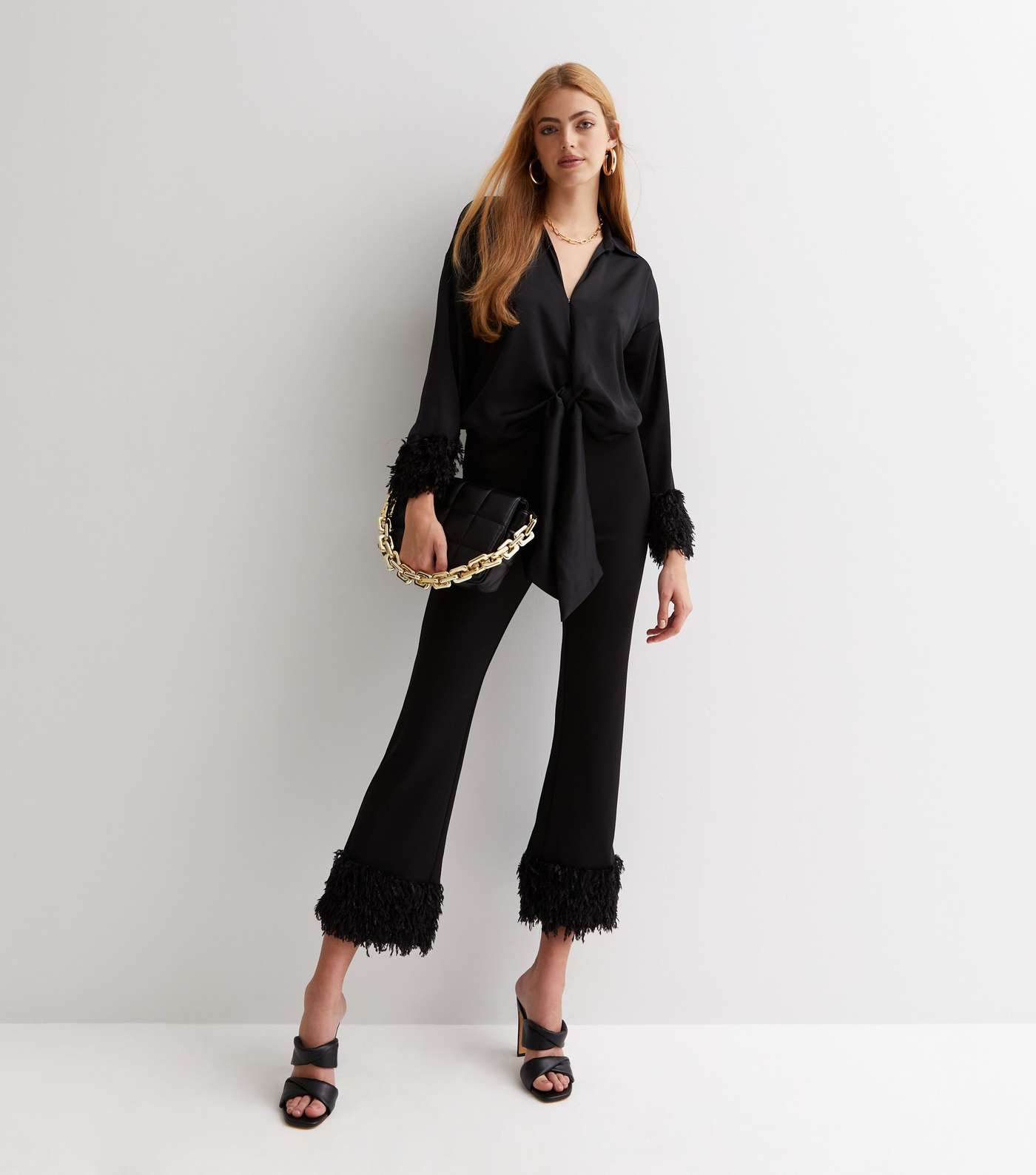 Black Faux Feather Trim Flared Trousers