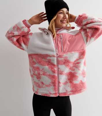 Urban Bliss Pink Marble Teddy Collared Zip Up Sweatshirt
