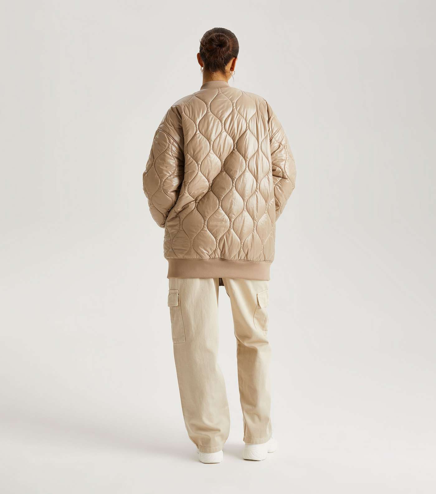 Urban Bliss Camel Quilted Long Bomber Jacket Image 4