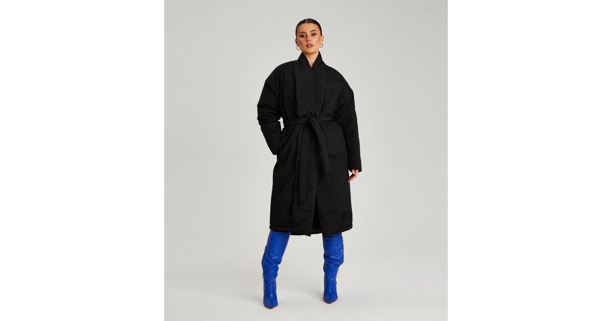 Urban Bliss belted wrap puffer coat in black