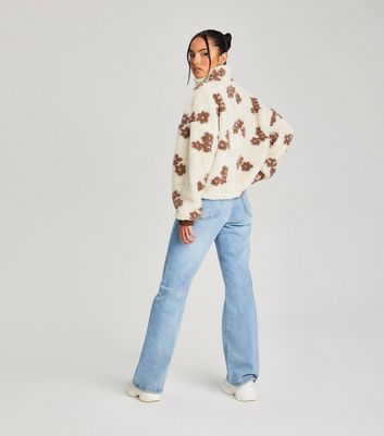Urban Bliss Off White Floral Teddy High Neck Jacket New Look
