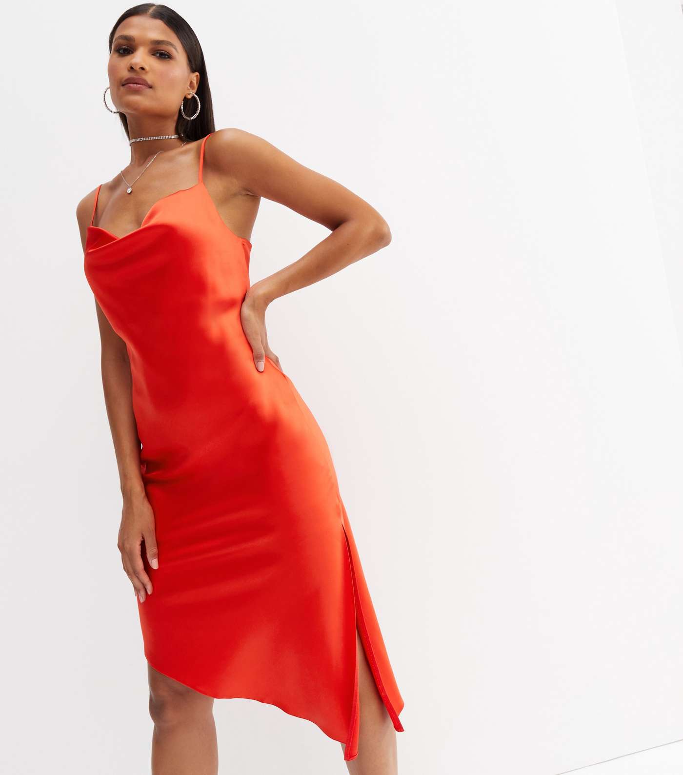 Red Satin Cowl Neck Asymmetric Hem Midi Slip Dress