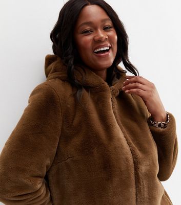 Curves Brown Faux Fur Hooded Jacket