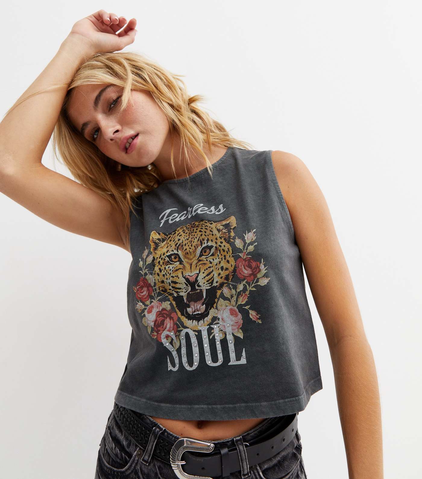 Dark Grey Acid Wash Fearless Soul Leopard Logo Crop Vest