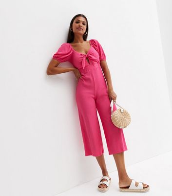 Bright Pink Crinkle Jersey Cut Out Crop Jumpsuit New Look