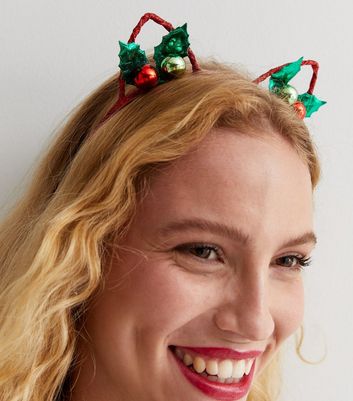 Red Glitter Christmas Holly Cat Ear Headband