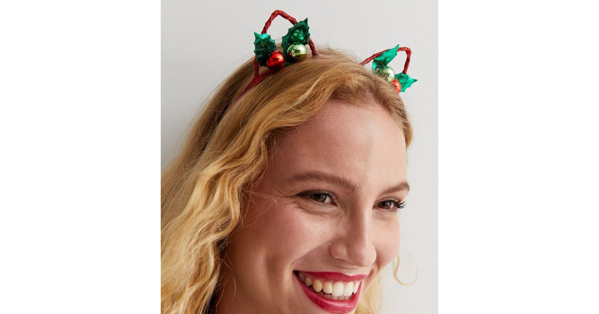 Red Glitter Christmas Holly Cat Ear Headband New Look