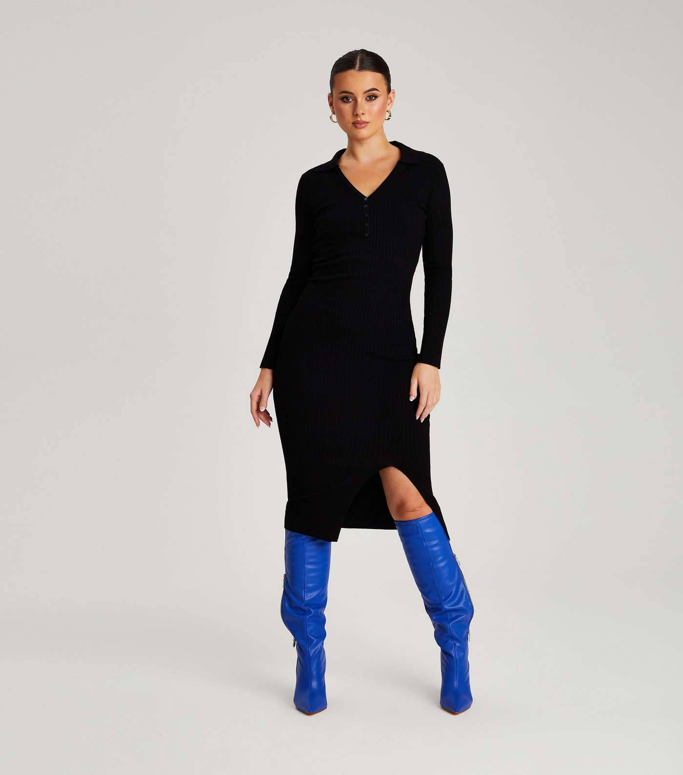 Urban Bliss Black Ribbed Knit Midi Polo Dress Image 2