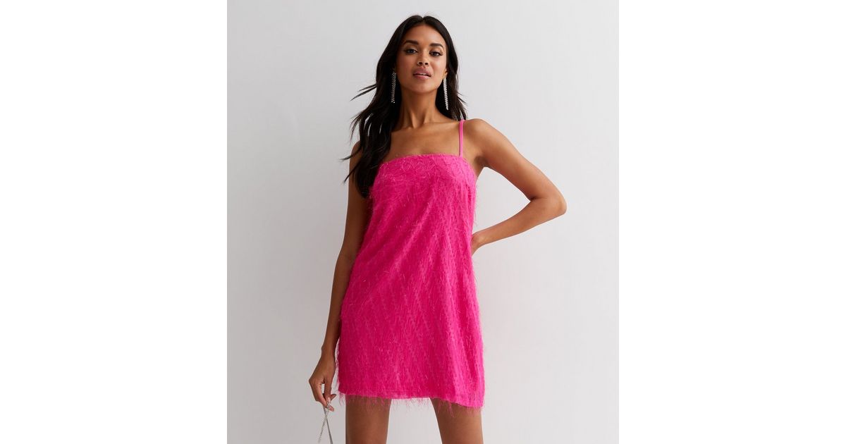 Bright Pink Tinsel Embellished Square Neck Strappy Mini Slip Dress