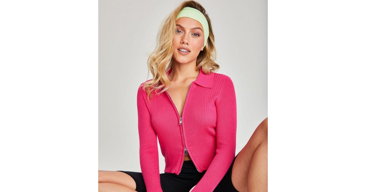 Urban Bliss Bright Pink Ribbed Knit Collar Zip Cardigan | New Look