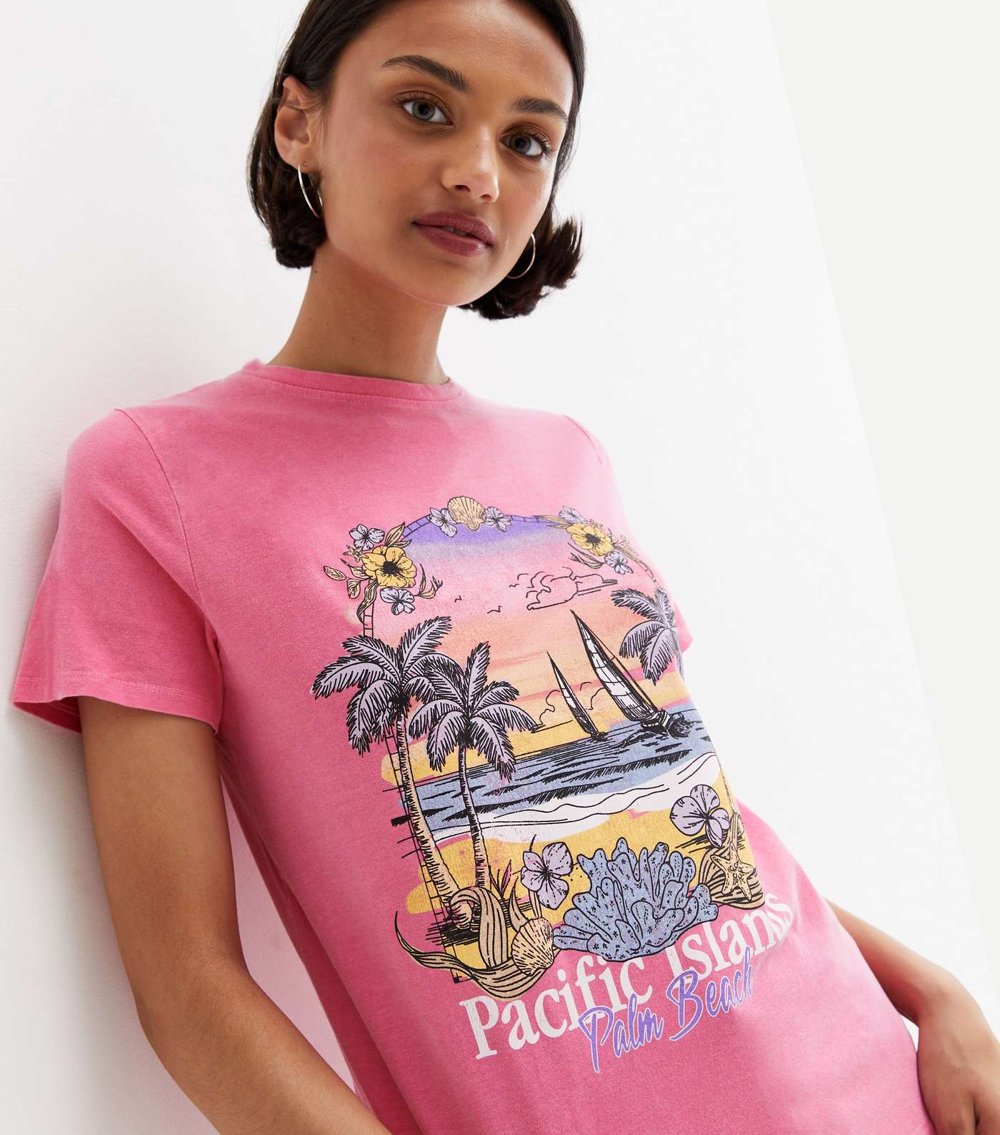 Bright Pink Pacific Islands Beach Logo T-Shirt