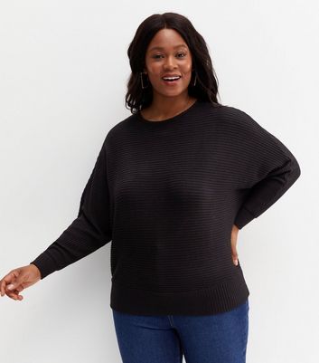 Curves Black Ribbed Knit Long Sleeve Batwing Top