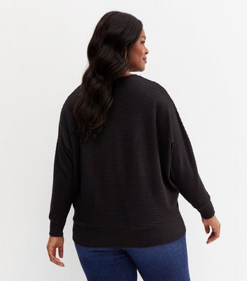 Curves Black Ribbed Knit Long Sleeve Batwing Top New Look