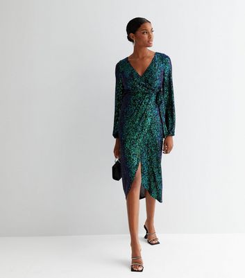 Green Sequin V Neck Long Sleeve Midi Wrap Dress New Look