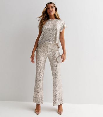 Silver Sequin Wide Leg Trousers  PrettyLittleThing