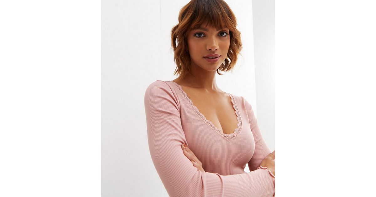 Pink Ribbed Lace Trim Long Sleeve Bodysuit | New Look