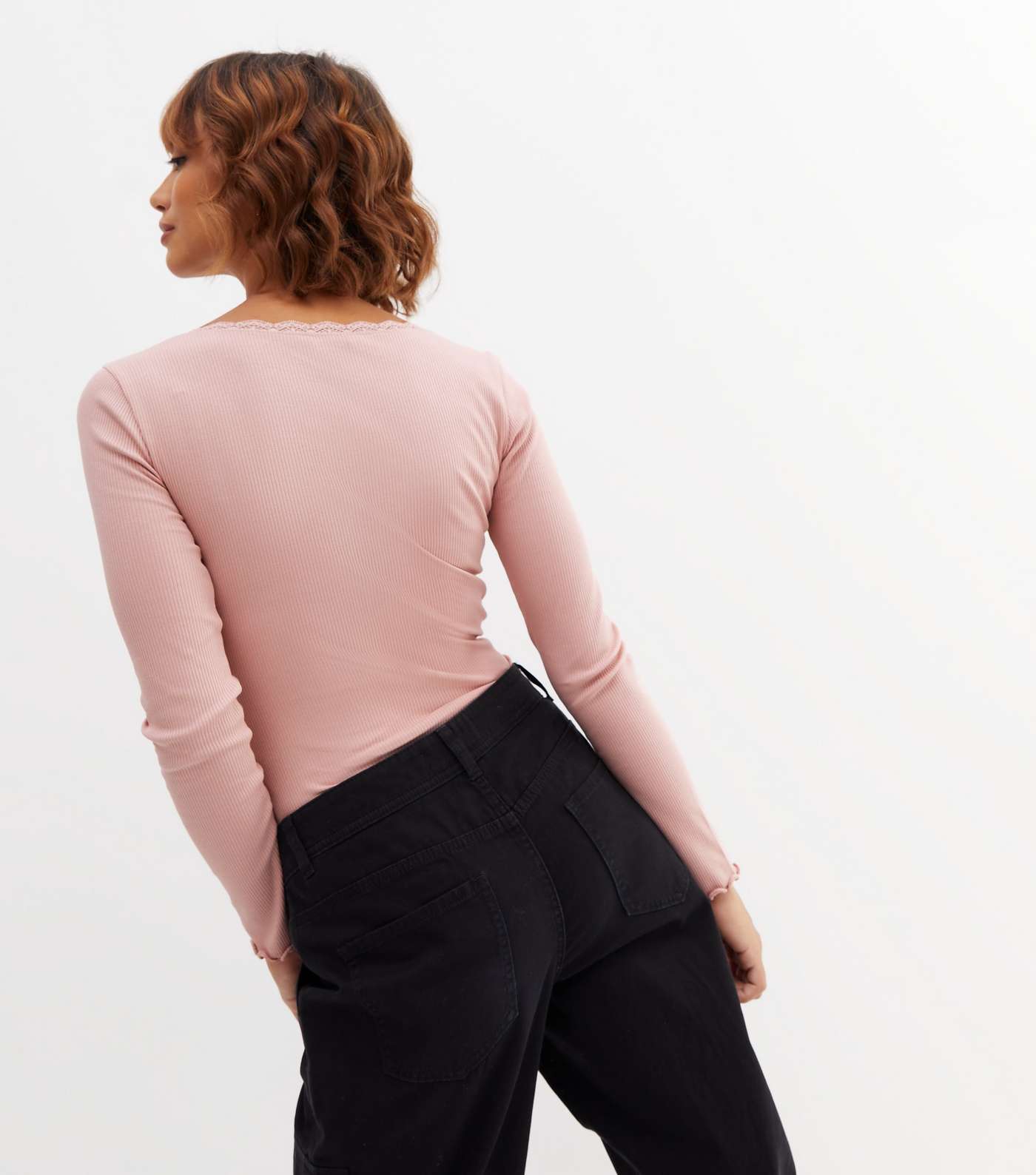 Pink Ribbed Lace Trim Long Sleeve Bodysuit Image 4