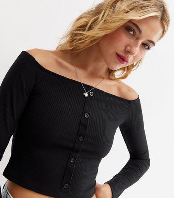 Damen Bekleidung Black Ribbed Bardot Button Crop Top