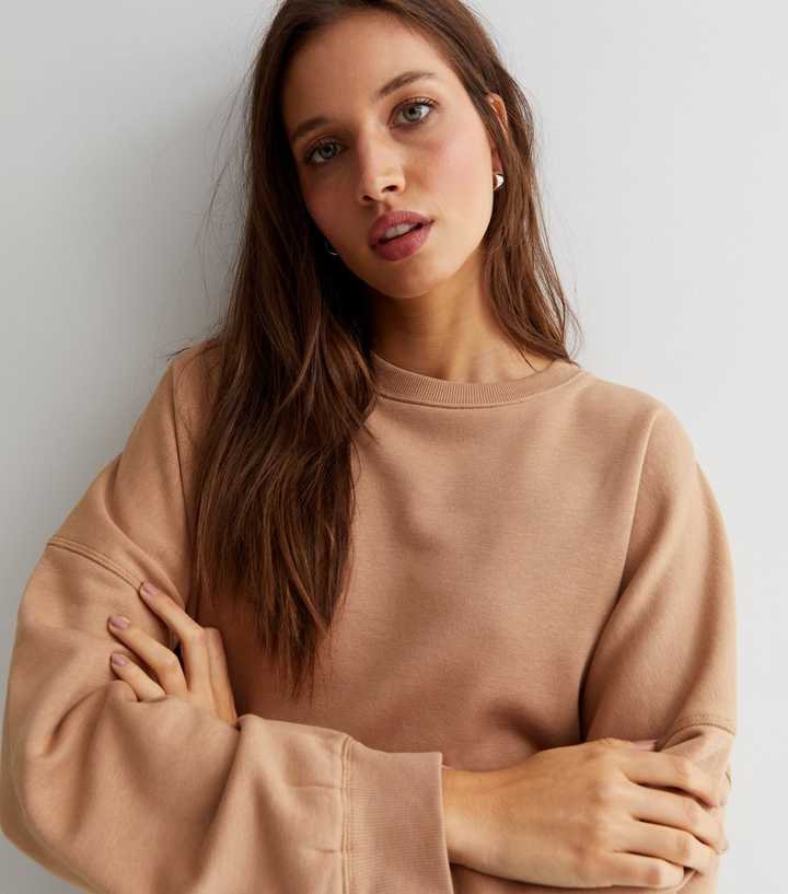 Camel Jersey Crew Neck Oversized Sweatshirt | New Look