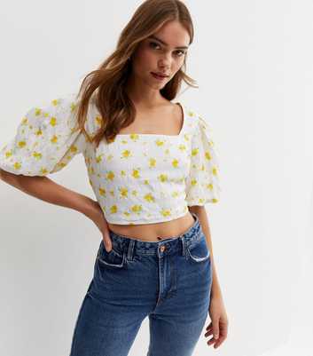 Influence White Floral Puff Sleeve Crop Top