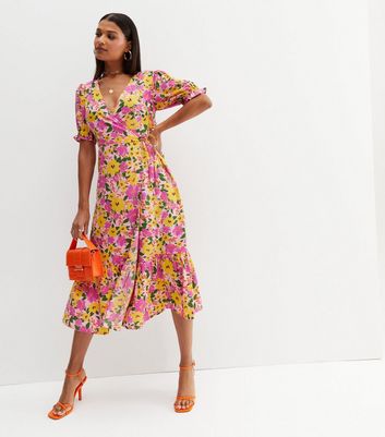 Influence Pink Floral Midi Wrap Dress New Look