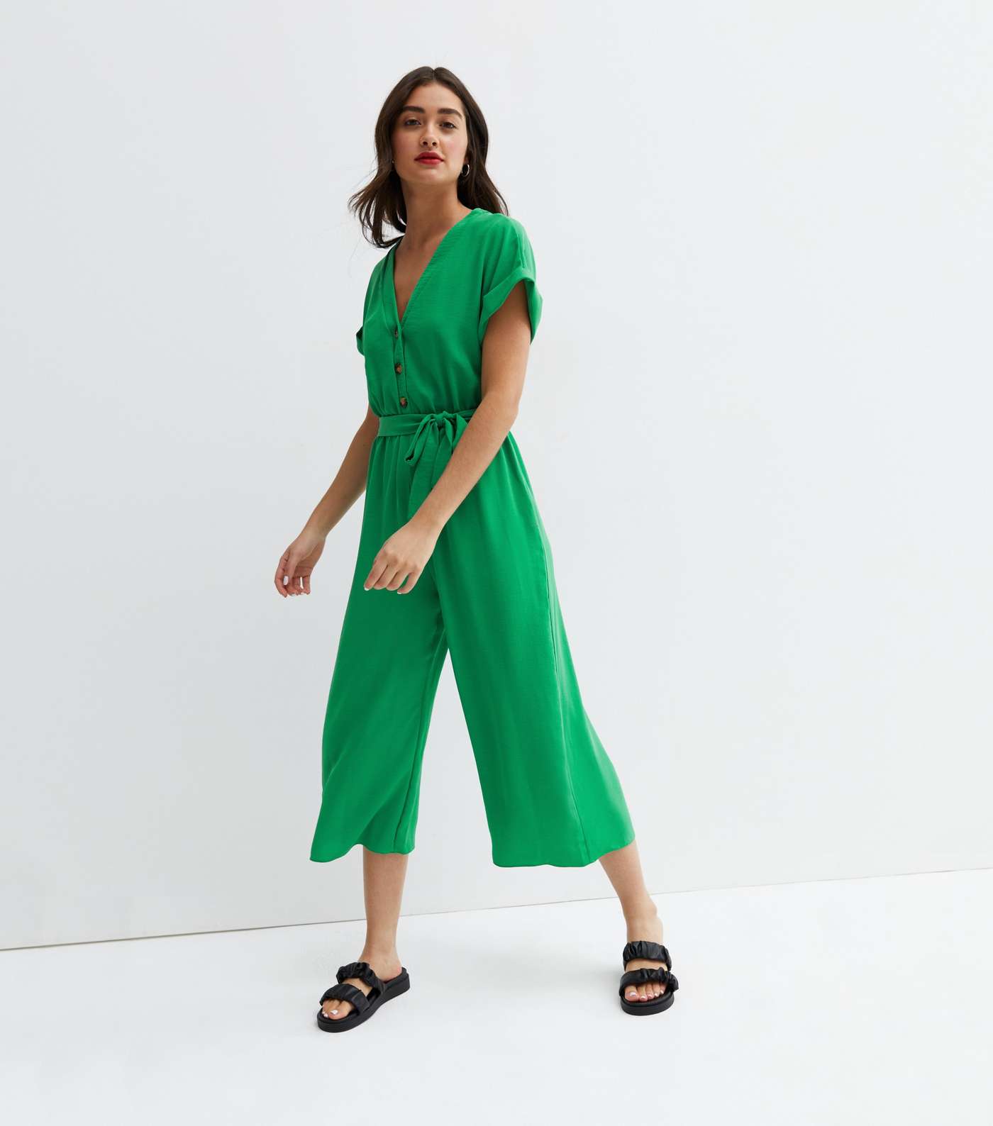 Green Button Belted Wide Leg Crop Jumpsuit Image 2
