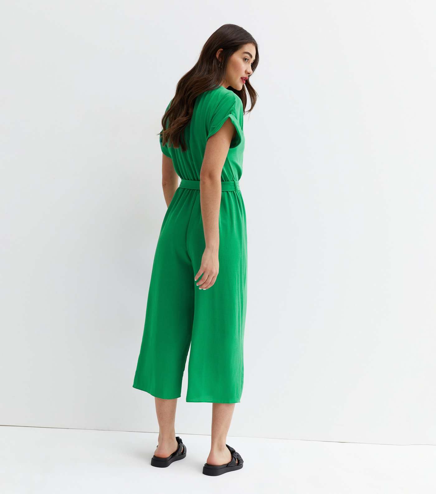 Green Button Belted Wide Leg Crop Jumpsuit Image 4