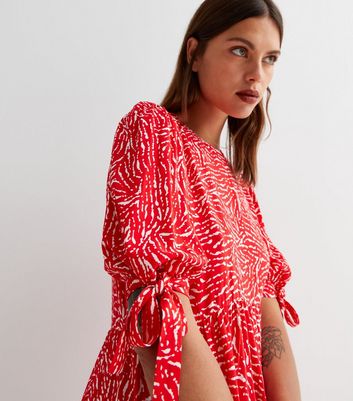 Red Animal Print Tie Sleeve Tiered Midi 