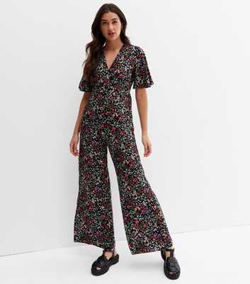 Black Ditsy Floral Shirred V Neck Wide Leg Jumpsuit
