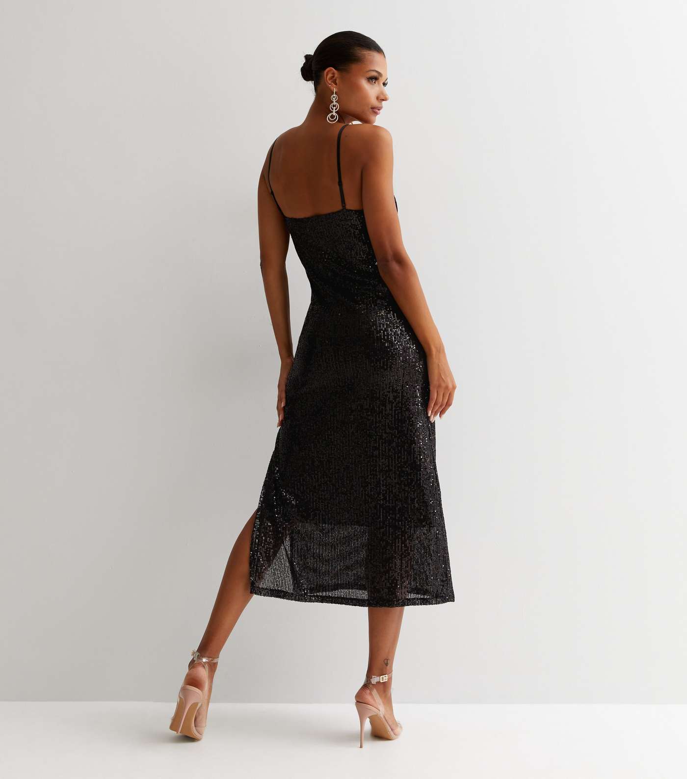 Black Sequin Scoop Neck Strappy Midi Slip Dress Image 4