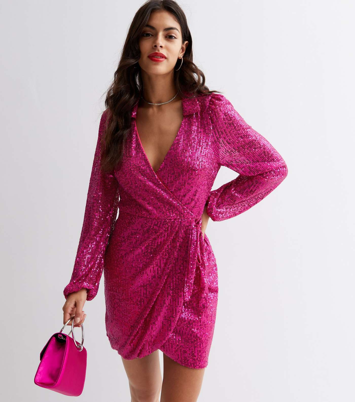 Bright Pink Sequin Collared Long Sleeve Mini Wrap Dress