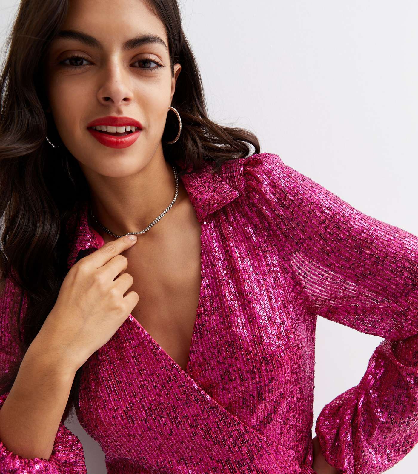 Bright Pink Sequin Collared Long Sleeve Mini Wrap Dress Image 3