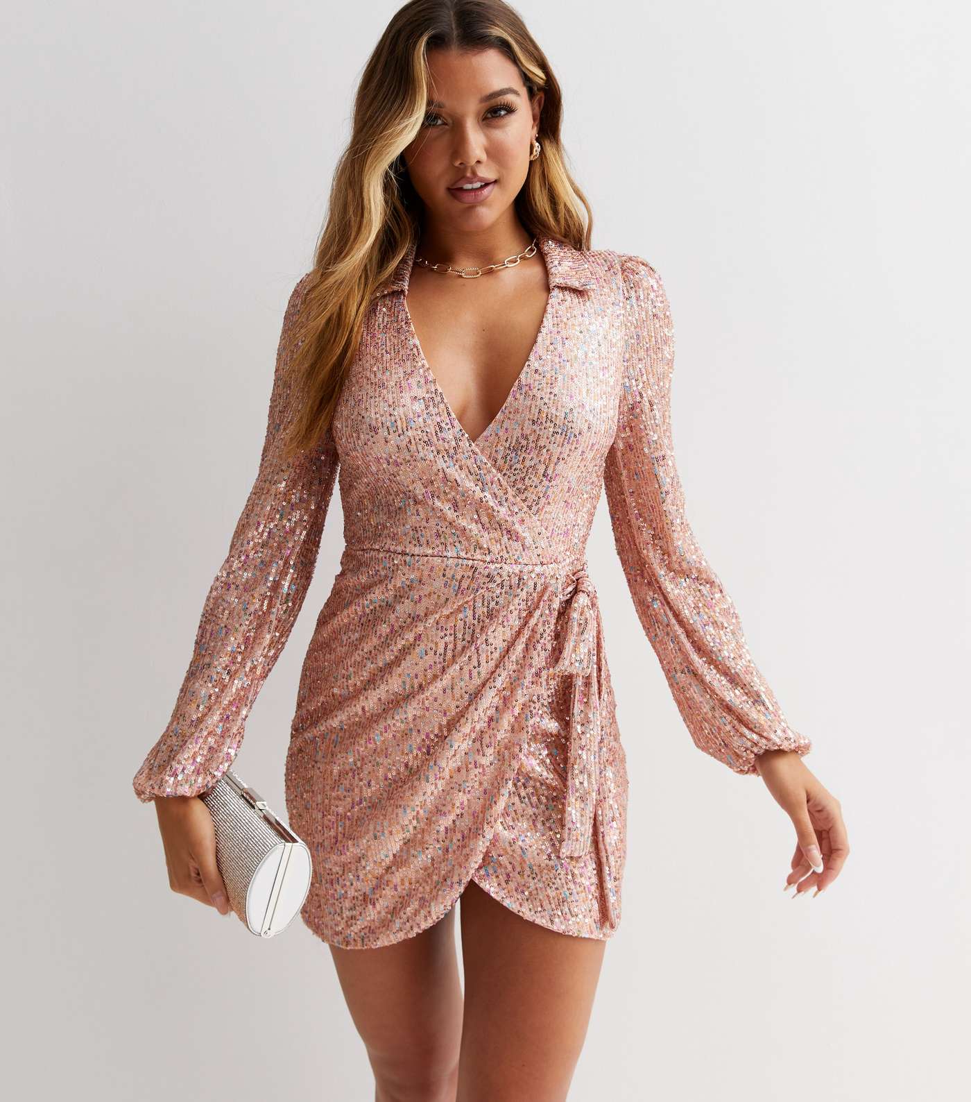 Pink Sequin Collared Long Sleeve Mini Wrap Dress Image 2