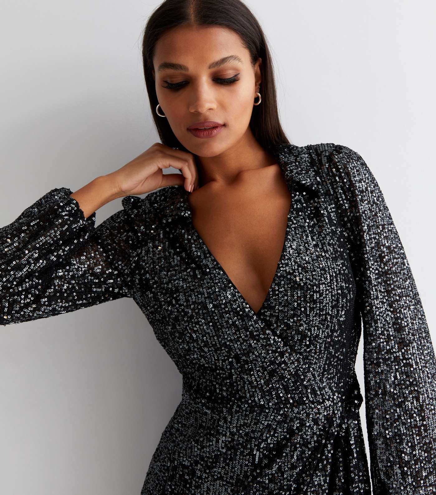 Pewter Sequin Collared Long Sleeve Mini Wrap Dress