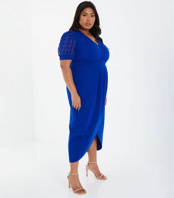 Damen Bekleidung QUIZ Curves Bright Blue Chiffon Spot Sleeve Midi Wrap Dress