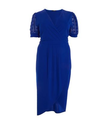 Damen Bekleidung QUIZ Curves Bright Blue Chiffon Spot Sleeve Midi Wrap Dress