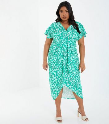 QUIZ Curves Green Leopard Print Midi Wrap Dress | New Look