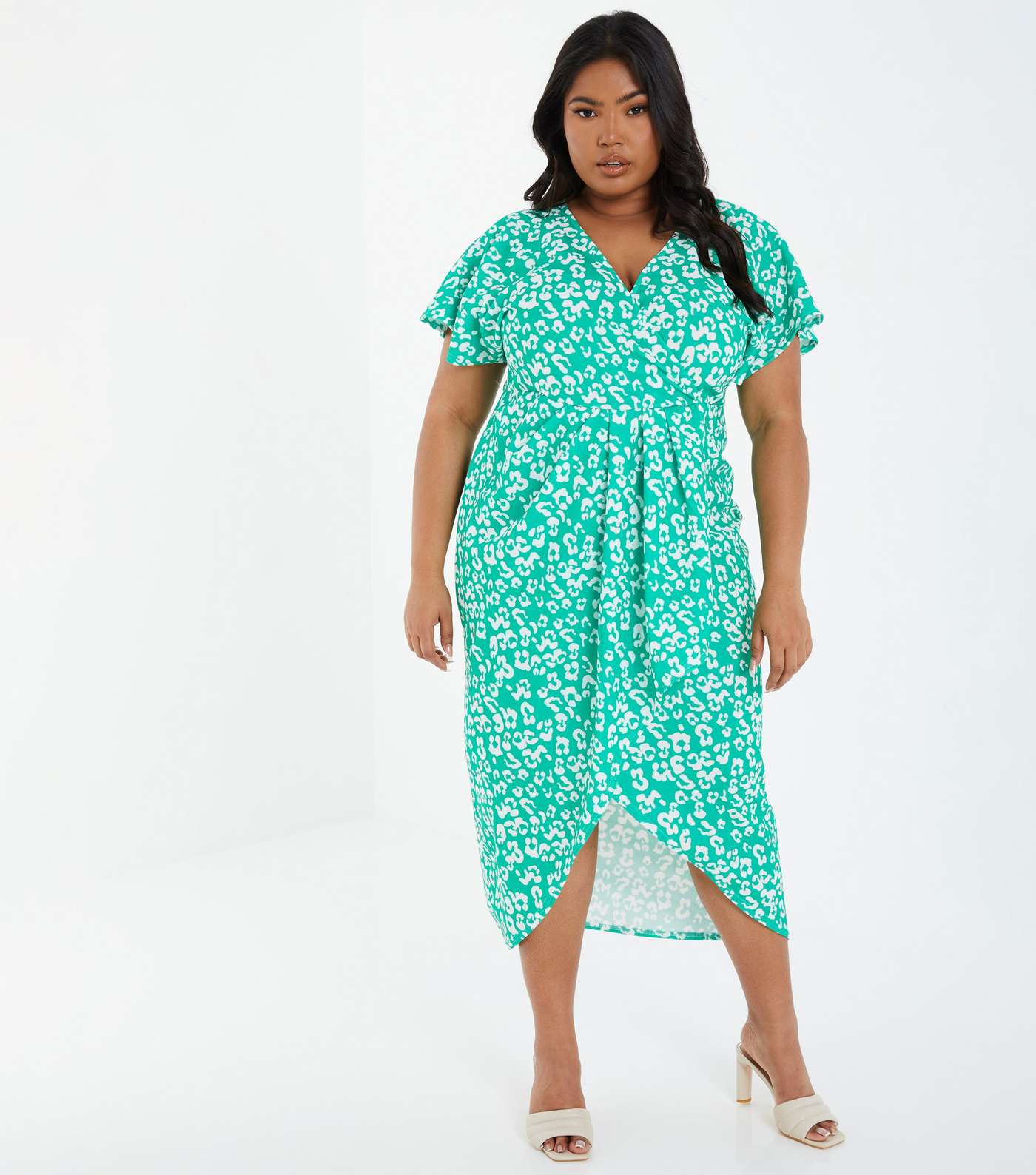 QUIZ Curves Green Leopard Print Midi Wrap Dress