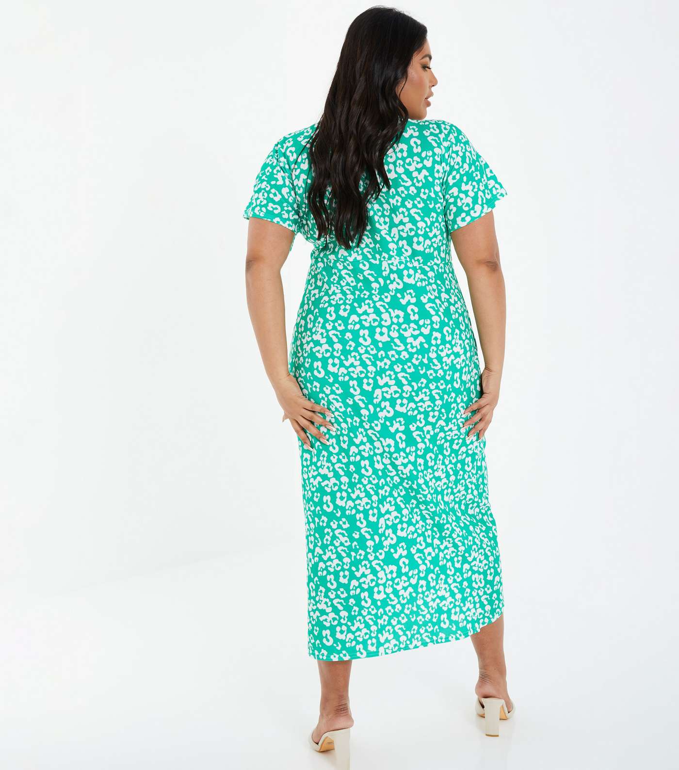 QUIZ Curves Green Leopard Print Midi Wrap Dress Image 3