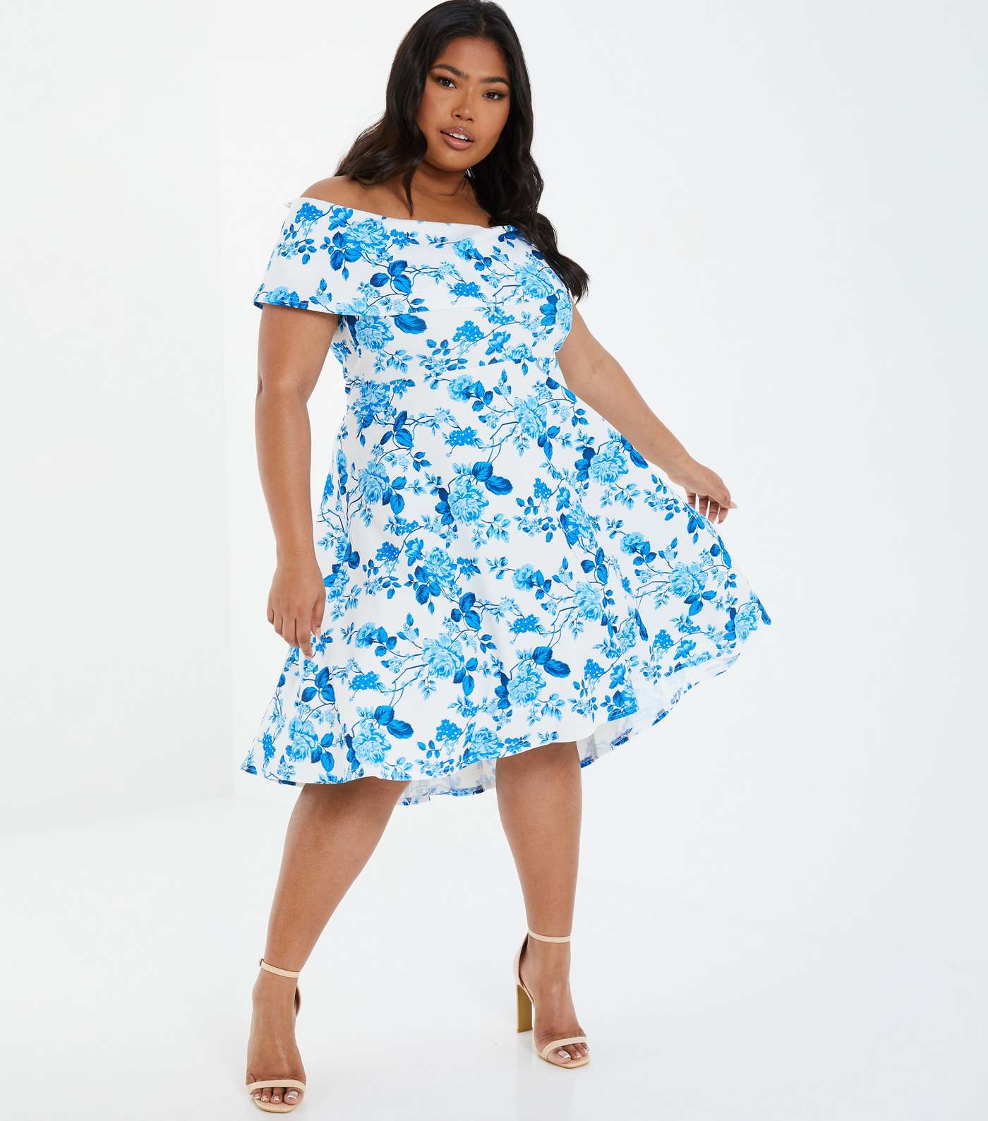 QUIZ Curves Blue Floral Bardot Dip Hem Midi Dress